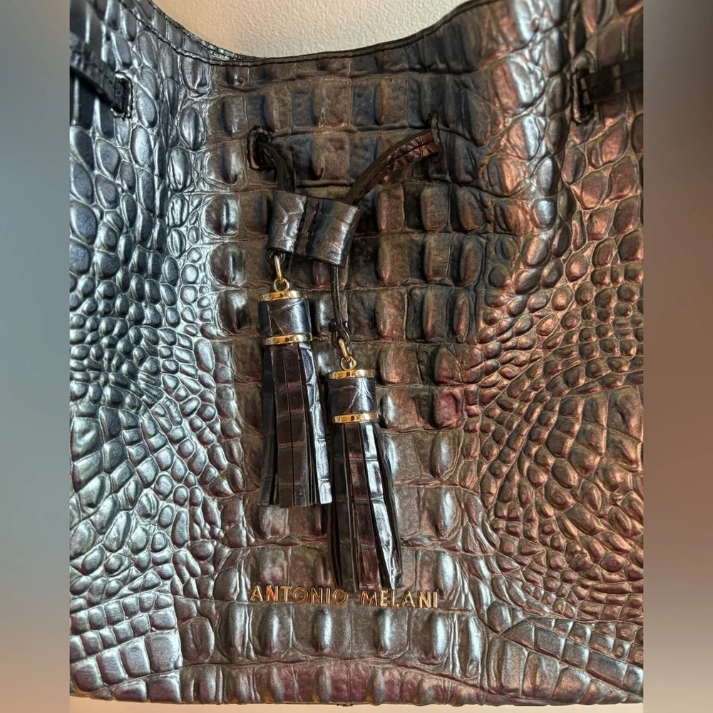 ANTONIO‎ MELANI Black Leather Shoulder Bag with Crocodile Embossed Texture